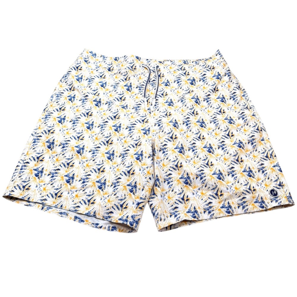 Johnnie-O Mens L Floral Swim Trunk Blue Yellow Board Short Mesh Lined Drawstring